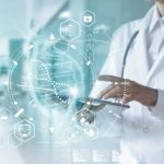 Medicine doctor touching electronic medical record on tablet. DN